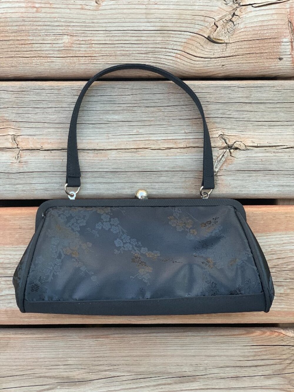 Vintage 90s Y2K Black Floral Brocade Satin Evening Shoulder Handbag Formal Gala